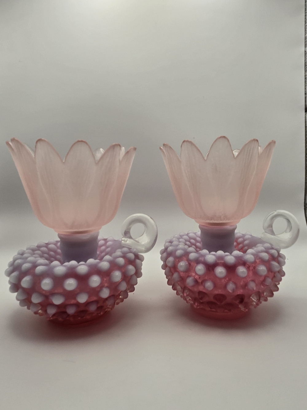 Vintage Fenton Cranberry Candle Holders Pair. White Opalescent Hobnail W/handles